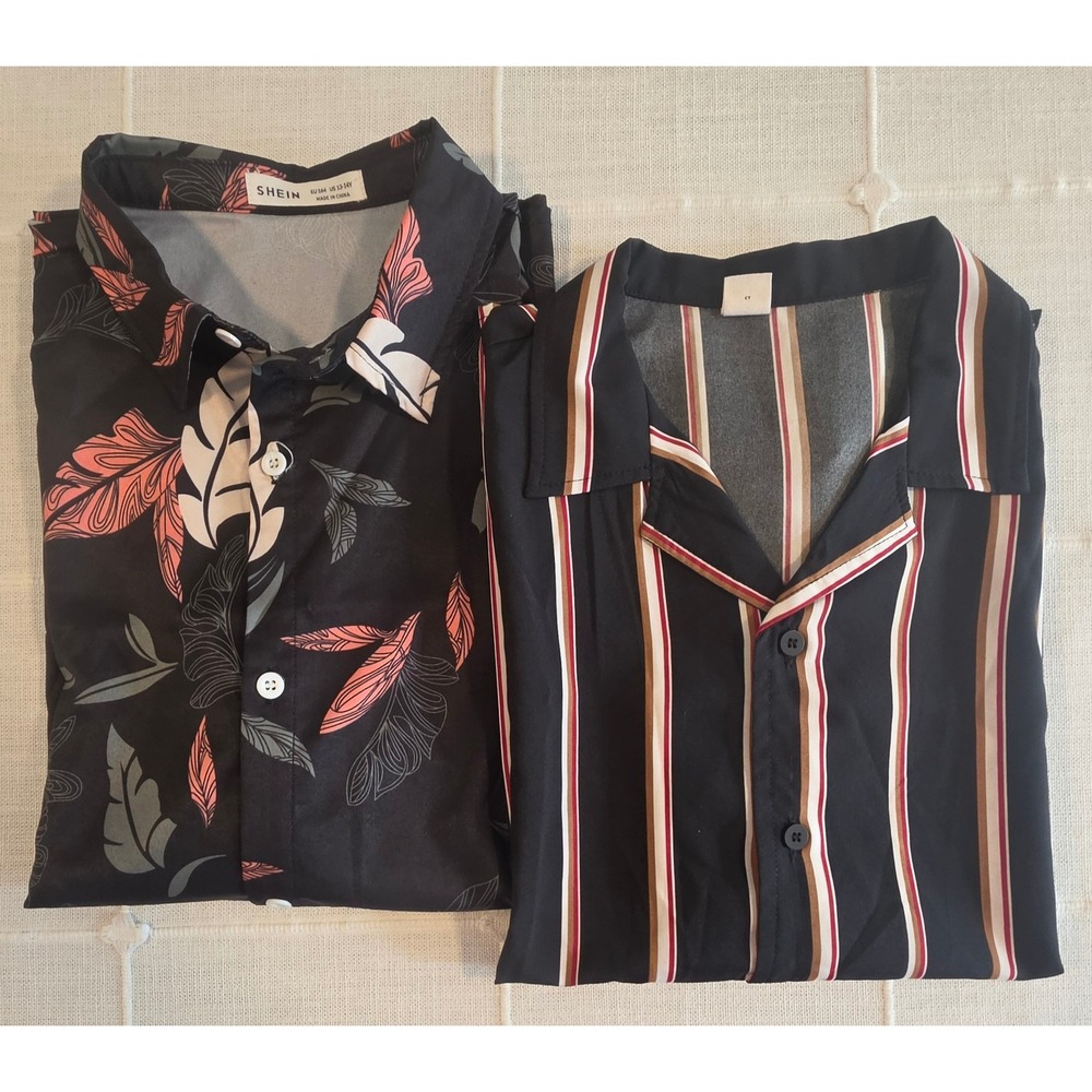Shein Boys 2 Pack Short Sleeve Button Down Shirts Tropical Leaf Striped Size 14Y